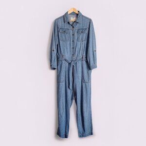 Anthropologie Pilcro Women’s Chambray Jumpsuit Sz 1X Denim Blue Roll Tab Boho